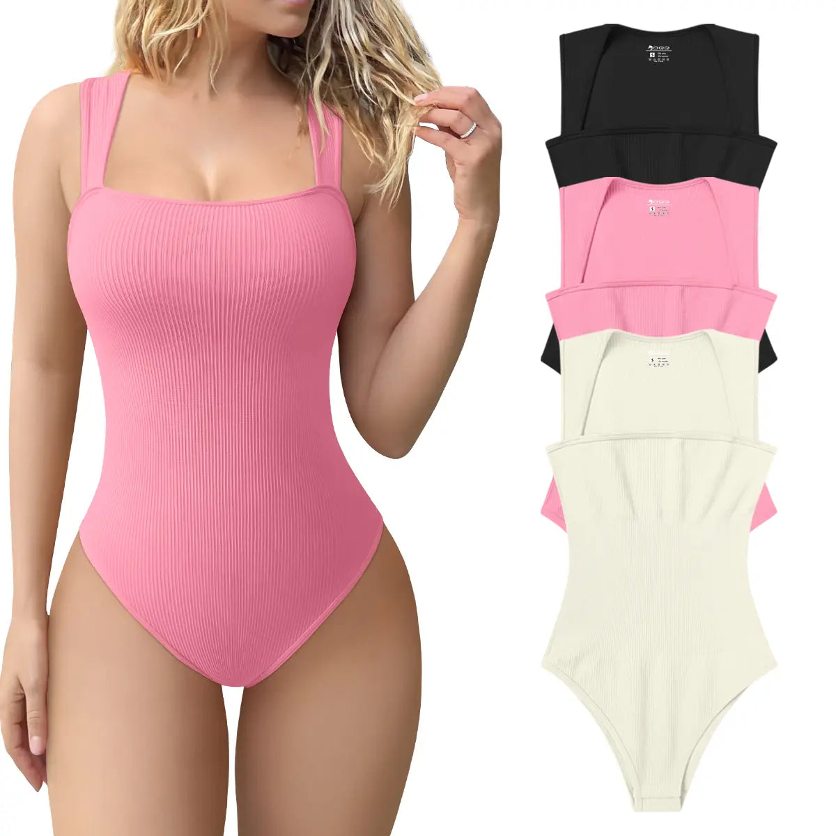Oqqfitness Women's 3-Piece Ribbed Bodysuit Set - Stretchy Square Neck Sleeveless Tops for Comfort and Style