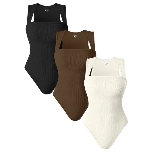 Oqqfitness Women's 3-Piece Ribbed Bodysuit Set - Stretchy Square Neck Sleeveless Tops for Comfort and Style