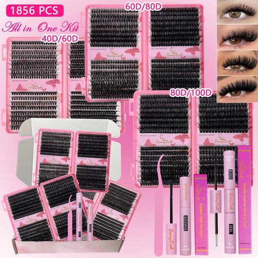 Lash Clusters Kit 10-18Mm D Curl, Natural Volume Thick Individual Eyelashes, Includes Bond & Seal Remover Applicator,Perfect for Beginners, DIY at Home Lash Extension for Everyday Use and Make Up,Gift for Family and Friend, DIY Eyelash Extensions