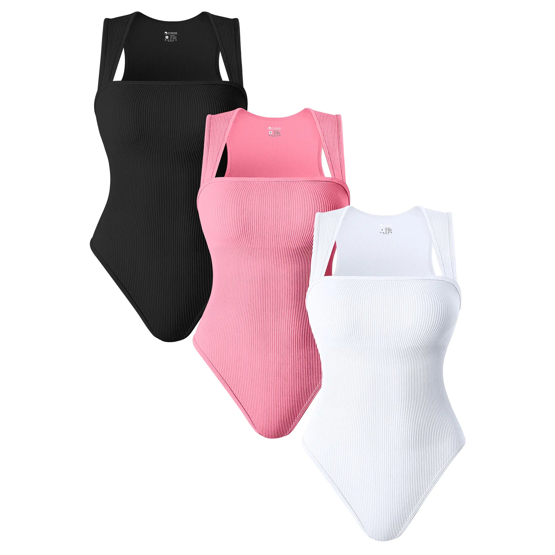 Oqqfitness Women's 3-Piece Ribbed Bodysuit Set - Stretchy Square Neck Sleeveless Tops for Comfort and Style