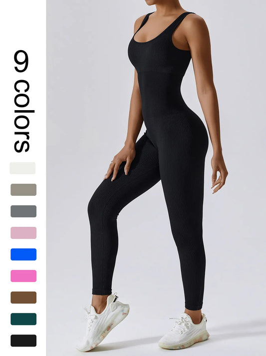 Women's Seamless One-Piece Hip Lift Crew Neck Jumpsuit with Tummy Control Tank Top for Dance, Fitness, and Outdoor Activities