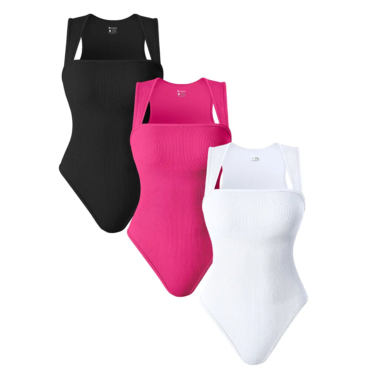 Oqqfitness Women's 3-Piece Ribbed Bodysuit Set - Stretchy Square Neck Sleeveless Tops for Comfort and Style