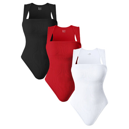 Oqqfitness Women's 3-Piece Ribbed Bodysuit Set - Stretchy Square Neck Sleeveless Tops for Comfort and Style